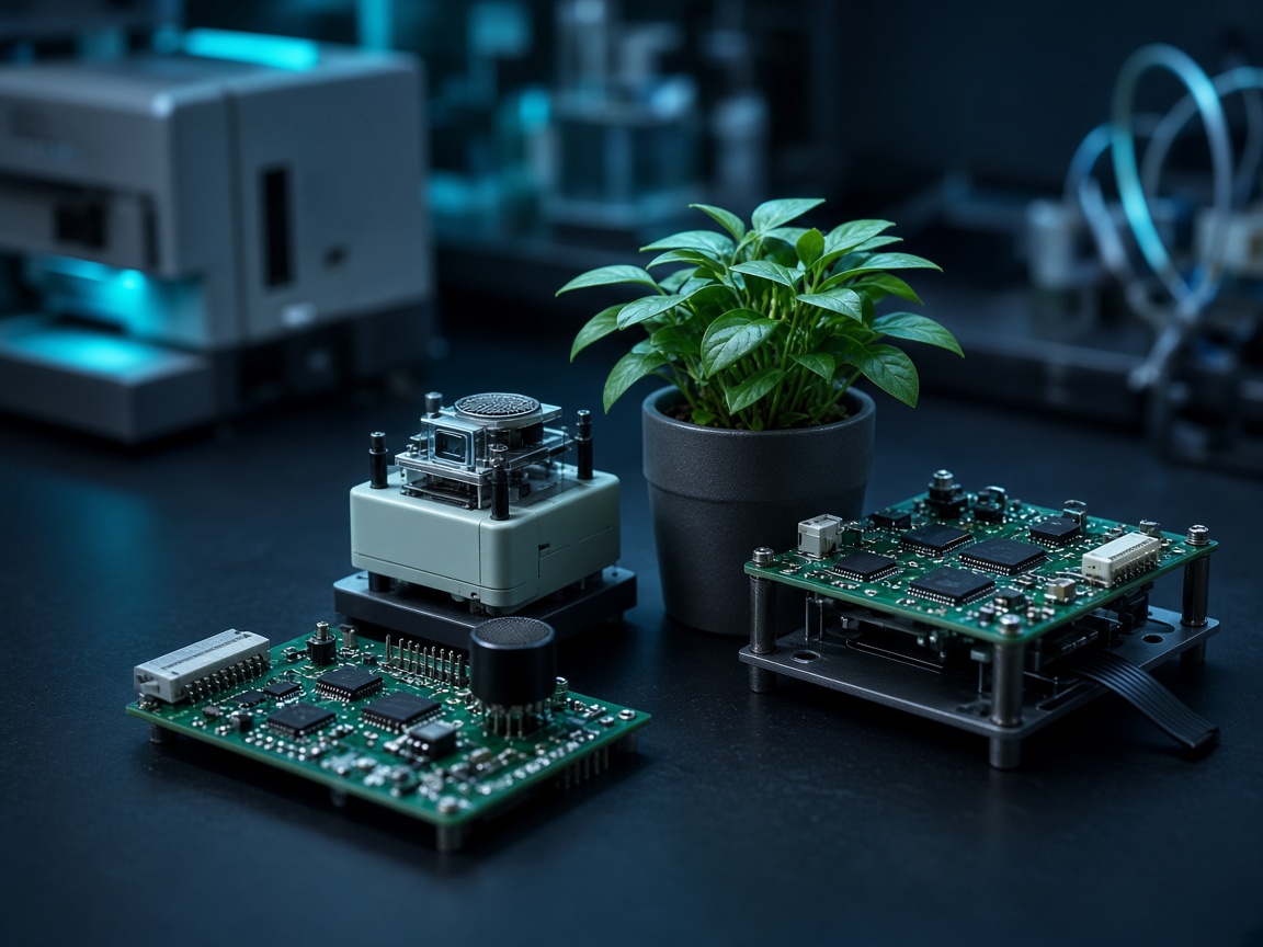 Instrumentation and plant material arranged as a sensing and control research still life