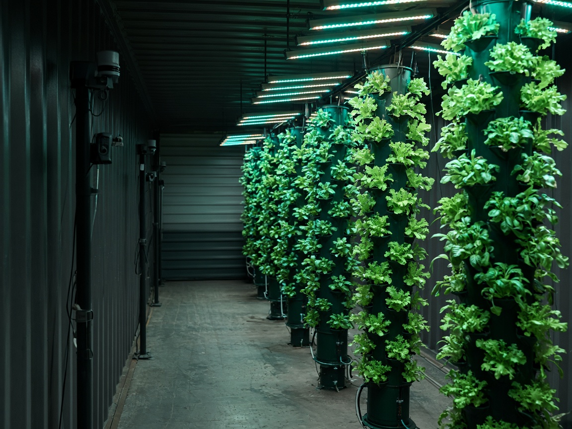 Interior of a containerized indoor farm with vertical cultivation and grow lighting