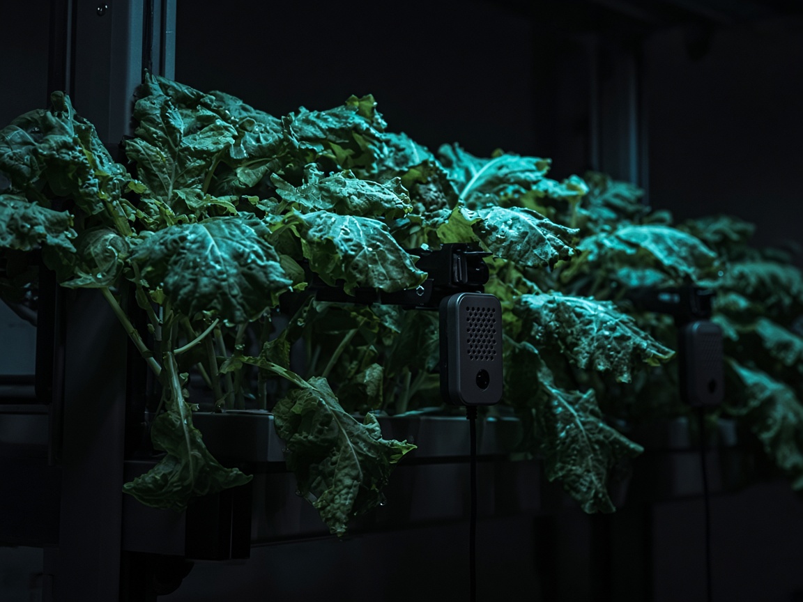 Leafy canopy on a vertical rack with nearby sensing hardware